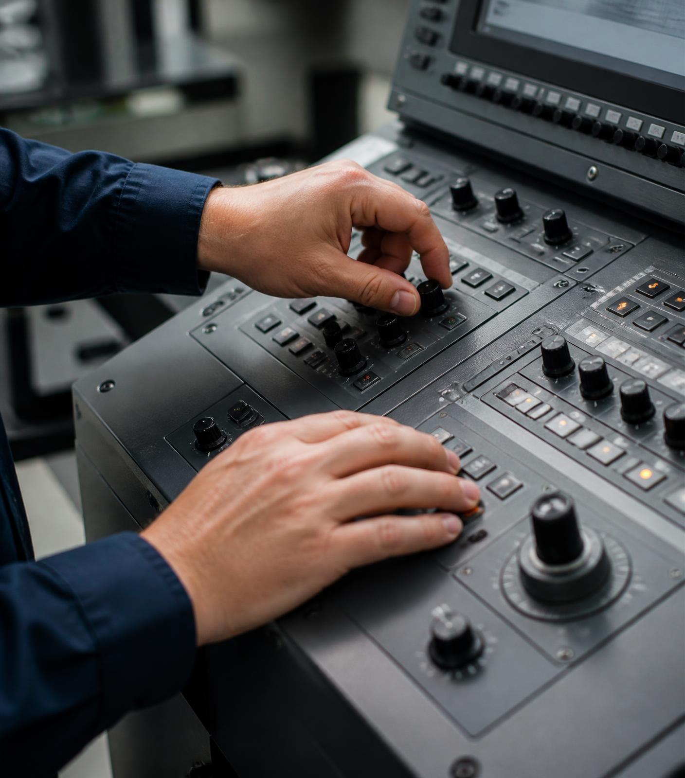 Operator hands working a dense professional control surface